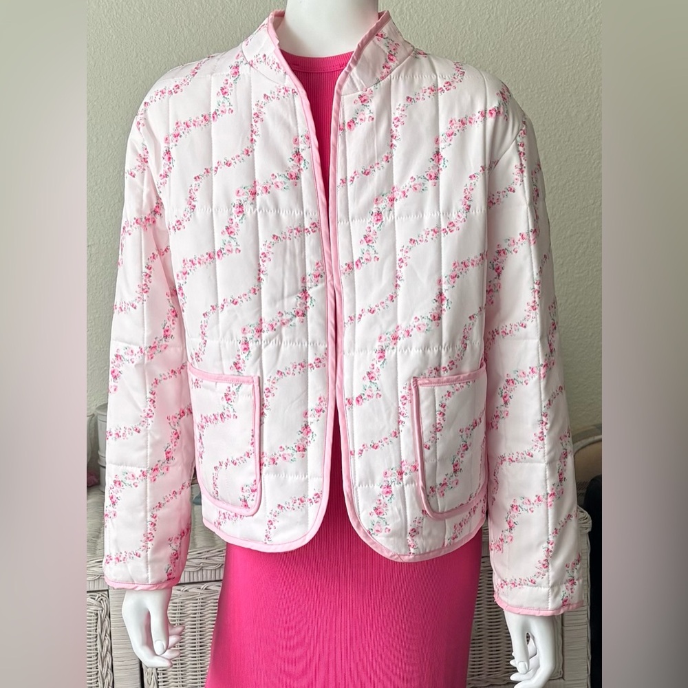 Sweet Generis Quilted Puffer Jacket Buttonless Floral in Pink White Size L NWOT